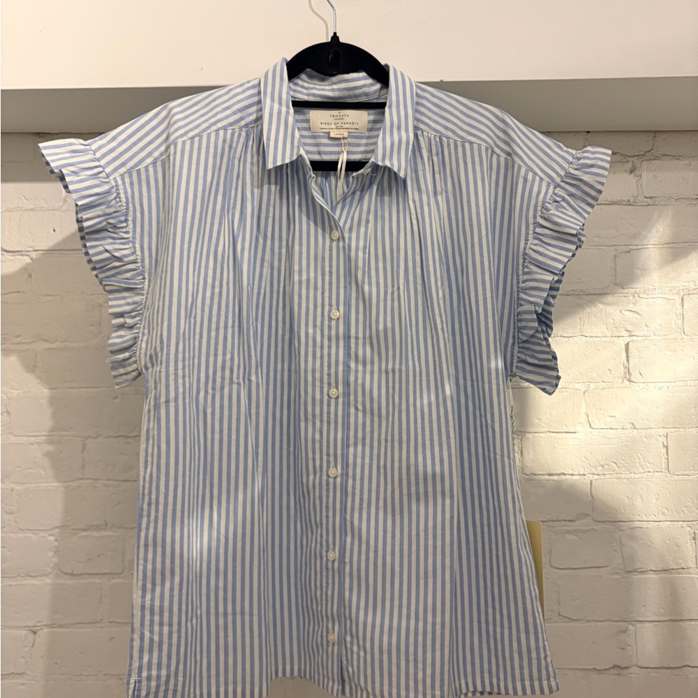 Trovata Blue and White Striped Ruffle-Sleeve Button Down Marianne